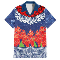 Samoan Tapa Family Matching Off Shoulder Long Sleeve Dress and Hawaiian Shirt Ula Fala and Teuila Flower LT03 Dad's Shirt - Short Sleeve Blue - Polynesian Pride