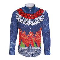 Samoan Tapa Long Sleeve Button Shirt Ula Fala and Teuila Flower LT03 Unisex Blue - Polynesian Pride