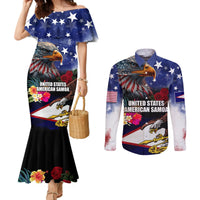 Personalised United States and American Samoa Couples Matching Mermaid Dress and Long Sleeve Button Shirt Bald Eagle Rose and Hibiscus Flower LT03 Blue - Polynesian Pride