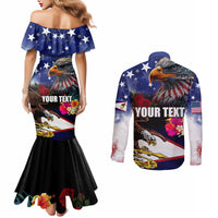 Personalised United States and American Samoa Couples Matching Mermaid Dress and Long Sleeve Button Shirt Bald Eagle Rose and Hibiscus Flower LT03 - Polynesian Pride