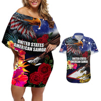 Personalised United States and American Samoa Couples Matching Off Shoulder Short Dress and Hawaiian Shirt Bald Eagle Rose and Hibiscus Flower LT03 Blue - Polynesian Pride