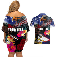 Personalised United States and American Samoa Couples Matching Off Shoulder Short Dress and Hawaiian Shirt Bald Eagle Rose and Hibiscus Flower LT03 - Polynesian Pride