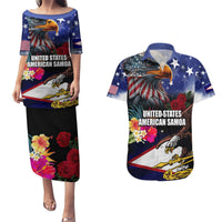 Personalised United States and American Samoa Couples Matching Puletasi and Hawaiian Shirt Bald Eagle Rose and Hibiscus Flower LT03 Blue - Polynesian Pride