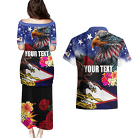 Personalised United States and American Samoa Couples Matching Puletasi and Hawaiian Shirt Bald Eagle Rose and Hibiscus Flower LT03 - Polynesian Pride