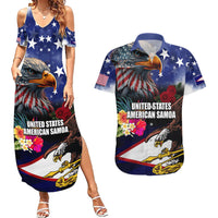 Personalised United States and American Samoa Couples Matching Summer Maxi Dress and Hawaiian Shirt Bald Eagle Rose and Hibiscus Flower LT03 Blue - Polynesian Pride