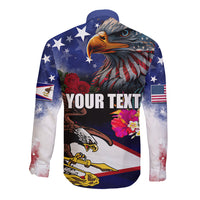United States and American Samoa Long Sleeve Button Shirt Bald Eagle Rose and Hibiscus Flower