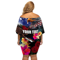 Personalised United States and American Samoa Off Shoulder Short Dress Bald Eagle Rose and Hibiscus Flower LT03 - Polynesian Pride