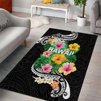 Hawaii Aloha Tropical Leaves and Flower Area Rug with Polynesian Art Tattoo Black Color - Polynesian Pride