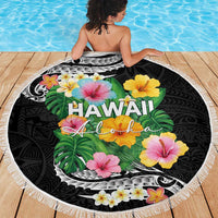 Hawaii Aloha Tropical Leaves and Flower Beach Blanket with Polynesian Art Tattoo Black Color - Polynesian Pride