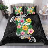 Hawaii Aloha Tropical Leaves and Flower Bedding Set with Polynesian Art Tattoo Black Color - Polynesian Pride