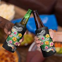Hawaii Aloha Tropical Leaves and Flower 4 in 1 Can Cooler Tumbler with Polynesian Art Tattoo Black Color - Polynesian Pride