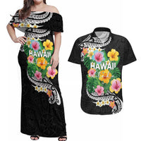 Hawaii Aloha Tropical Leaves and Flower Couples Matching Off Shoulder Maxi Dress and Hawaiian Shirt with Polynesian Art Tattoo Black Color LT03 Black - Polynesian Pride