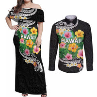 Hawaii Aloha Tropical Leaves and Flower Couples Matching Off Shoulder Maxi Dress and Long Sleeve Button Shirt with Polynesian Art Tattoo Black Color LT03 Black - Polynesian Pride