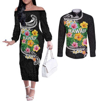 Hawaii Aloha Tropical Leaves and Flower Couples Matching Off The Shoulder Long Sleeve Dress and Long Sleeve Button Shirt with Polynesian Art Tattoo Black Color LT03 Black - Polynesian Pride