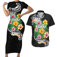Hawaii Aloha Tropical Leaves and Flower Couples Matching Short Sleeve Bodycon Dress and Hawaiian Shirt with Polynesian Art Tattoo Black Color LT03 Black - Polynesian Pride