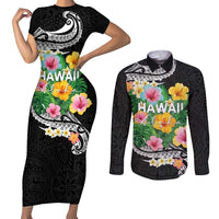 Hawaii Aloha Tropical Leaves and Flower Couples Matching Short Sleeve Bodycon Dress and Long Sleeve Button Shirt with Polynesian Art Tattoo Black Color LT03 Black - Polynesian Pride