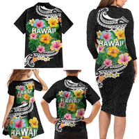 Hawaii Aloha Tropical Leaves and Flower Family Matching Long Sleeve Bodycon Dress and Hawaiian Shirt with Polynesian Art Tattoo Black Color LT03 - Polynesian Pride