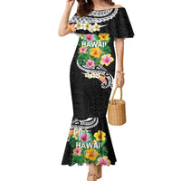 Hawaii Aloha Tropical Leaves and Flower Family Matching Mermaid Dress and Hawaiian Shirt with Polynesian Art Tattoo Black Color LT03 Mom's Dress Black - Polynesian Pride