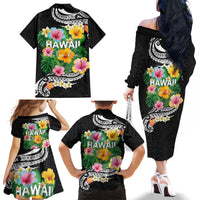 Hawaii Aloha Tropical Leaves and Flower Family Matching Off The Shoulder Long Sleeve Dress and Hawaiian Shirt with Polynesian Art Tattoo Black Color LT03 - Polynesian Pride