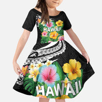 Hawaii Aloha Tropical Leaves and Flower Family Matching Puletasi and Hawaiian Shirt with Polynesian Art Tattoo Black Color LT03 Daughter's Dress Black - Polynesian Pride