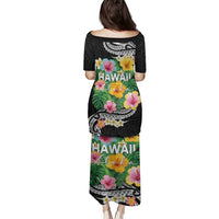 Hawaii Aloha Tropical Leaves and Flower Family Matching Puletasi and Hawaiian Shirt with Polynesian Art Tattoo Black Color LT03 - Polynesian Pride