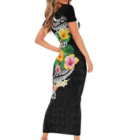 Hawaii Aloha Tropical Leaves and Flower Family Matching Short Sleeve Bodycon Dress and Hawaiian Shirt with Polynesian Art Tattoo Black Color LT03 - Polynesian Pride