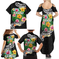 Hawaii Aloha Tropical Leaves and Flower Family Matching Summer Maxi Dress and Hawaiian Shirt with Polynesian Art Tattoo Black Color LT03 - Polynesian Pride