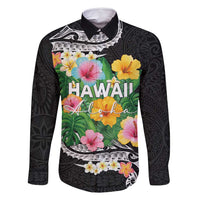 Hawaii Aloha Tropical Leaves and Flower Family Matching Summer Maxi Dress and Hawaiian Shirt with Polynesian Art Tattoo Black Color LT03 Dad's Shirt - Long Sleeve Black - Polynesian Pride