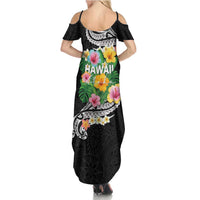 Hawaii Aloha Tropical Leaves and Flower Family Matching Summer Maxi Dress and Hawaiian Shirt with Polynesian Art Tattoo Black Color LT03 - Polynesian Pride