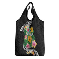 Hawaii Aloha Tropical Leaves and Flower Grocery Bag with Polynesian Art Tattoo Black Color - Polynesian Pride
