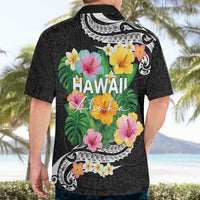 Hawaii Aloha Tropical Leaves and Flower Hawaiian Shirt with Polynesian Art Tattoo Black Color - Polynesian Pride