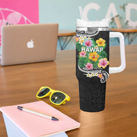 Hawaii Aloha Tropical Leaves and Flower Tumbler With Handle with Polynesian Art Tattoo Black Color - Polynesian Pride