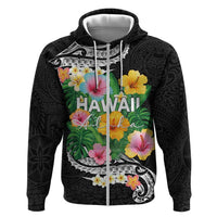 Hawaii Aloha Tropical Leaves and Flower Zip Hoodie with Polynesian Art Tattoo Black Color - Polynesian Pride
