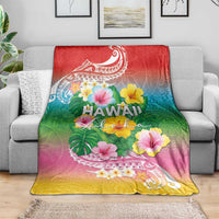 Hawaii Aloha Tropical Leaves and Flower Blanket with Polynesian Art Tattoo Rainbow Color - Polynesian Pride