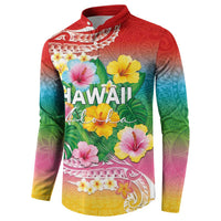 Hawaii Aloha Tropical Leaves and Flower Button Sweatshirt with Polynesian Art Tattoo Rainbow Color - Polynesian Pride