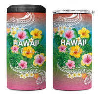 Hawaii Aloha Tropical Leaves and Flower 4 in 1 Can Cooler Tumbler with Polynesian Art Tattoo Rainbow Color - Polynesian Pride
