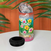Hawaii Aloha Tropical Leaves and Flower 4 in 1 Can Cooler Tumbler with Polynesian Art Tattoo Rainbow Color - Polynesian Pride