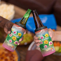 Hawaii Aloha Tropical Leaves and Flower 4 in 1 Can Cooler Tumbler with Polynesian Art Tattoo Rainbow Color - Polynesian Pride