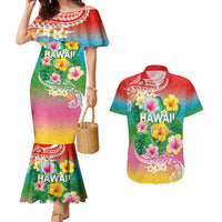 Hawaii Aloha Tropical Leaves and Flower Couples Matching Mermaid Dress and Hawaiian Shirt with Polynesian Art Tattoo Rainbow Color - Polynesian Pride