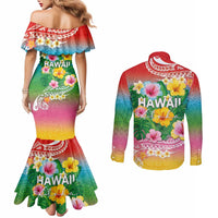 Hawaii Aloha Tropical Leaves and Flower Couples Matching Mermaid Dress and Long Sleeve Button Shirt with Polynesian Art Tattoo Rainbow Color - Polynesian Pride