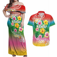 Hawaii Aloha Tropical Leaves and Flower Couples Matching Off Shoulder Maxi Dress and Hawaiian Shirt with Polynesian Art Tattoo Rainbow Color - Polynesian Pride