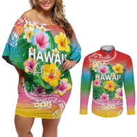 Hawaii Aloha Tropical Leaves and Flower Couples Matching Off Shoulder Short Dress and Long Sleeve Button Shirt with Polynesian Art Tattoo Rainbow Color - Polynesian Pride