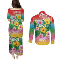 Hawaii Aloha Tropical Leaves and Flower Couples Matching Puletasi and Long Sleeve Button Shirt with Polynesian Art Tattoo Rainbow Color - Polynesian Pride