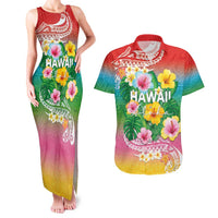 Hawaii Aloha Tropical Leaves and Flower Couples Matching Tank Maxi Dress and Hawaiian Shirt with Polynesian Art Tattoo Rainbow Color - Polynesian Pride