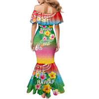 Hawaii Aloha Tropical Leaves and Flower Family Matching Mermaid Dress and Hawaiian Shirt with Polynesian Art Tattoo Rainbow Color - Polynesian Pride