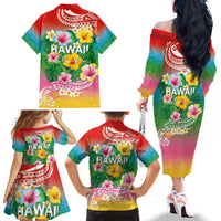 Hawaii Aloha Tropical Leaves and Flower Family Matching Off The Shoulder Long Sleeve Dress and Hawaiian Shirt with Polynesian Art Tattoo Rainbow Color - Polynesian Pride