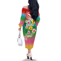 Hawaii Aloha Tropical Leaves and Flower Family Matching Off The Shoulder Long Sleeve Dress and Hawaiian Shirt with Polynesian Art Tattoo Rainbow Color - Polynesian Pride