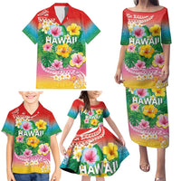 Hawaii Aloha Tropical Leaves and Flower Family Matching Puletasi and Hawaiian Shirt with Polynesian Art Tattoo Rainbow Color - Polynesian Pride