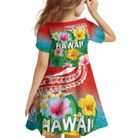 Hawaii Aloha Tropical Leaves and Flower Family Matching Short Sleeve Bodycon Dress and Hawaiian Shirt with Polynesian Art Tattoo Rainbow Color - Polynesian Pride