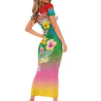 Hawaii Aloha Tropical Leaves and Flower Family Matching Short Sleeve Bodycon Dress and Hawaiian Shirt with Polynesian Art Tattoo Rainbow Color - Polynesian Pride